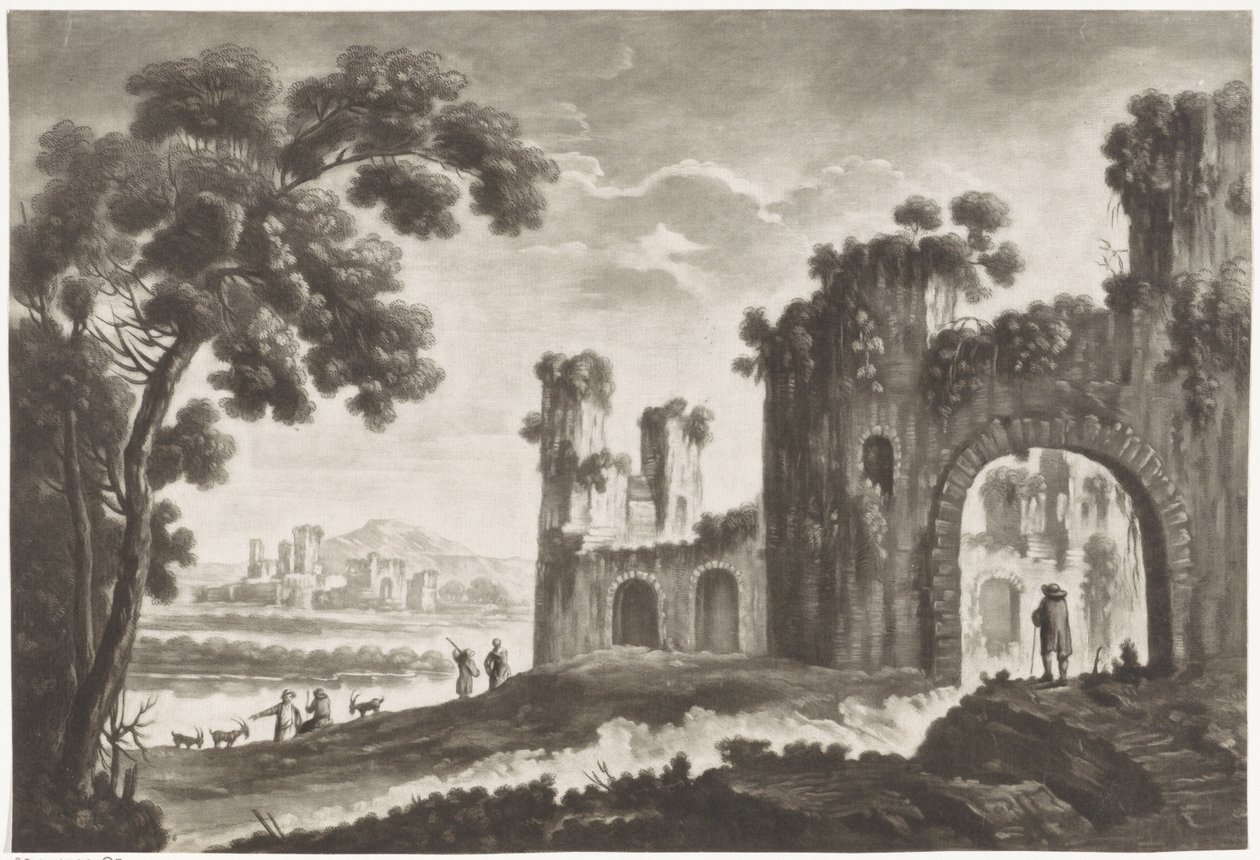 Landschap met ruïnes, herders en wandelaars door Anonymous