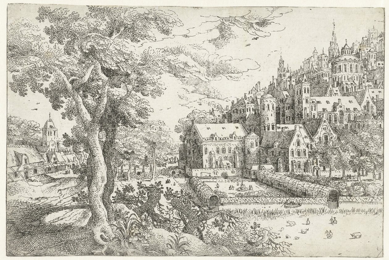 Landschap met stad tegen een heuvel door Anonymous