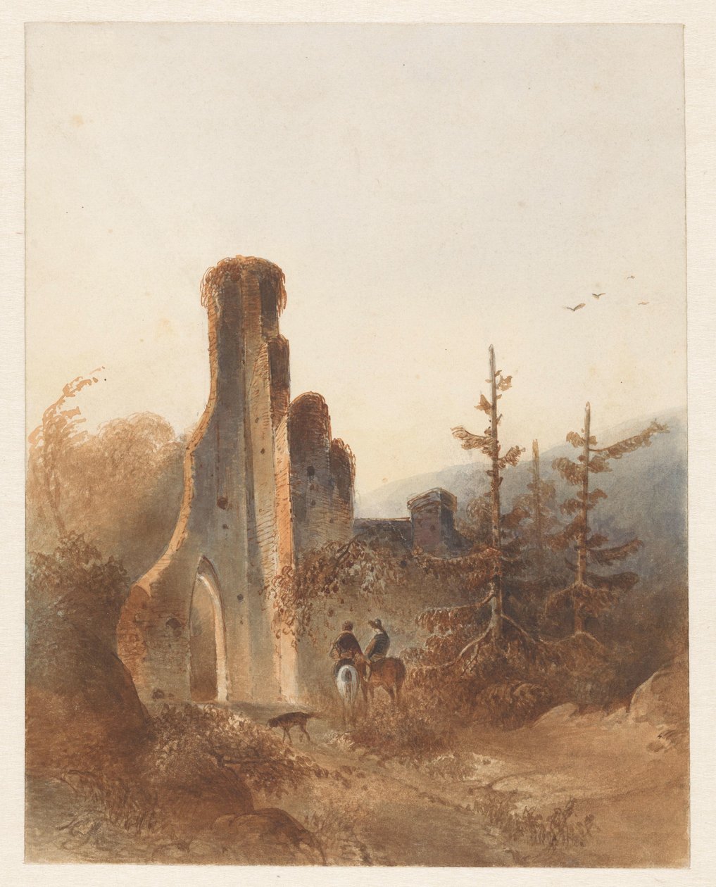 Landschap met twee ruiters bij een ruïne door Anonymous