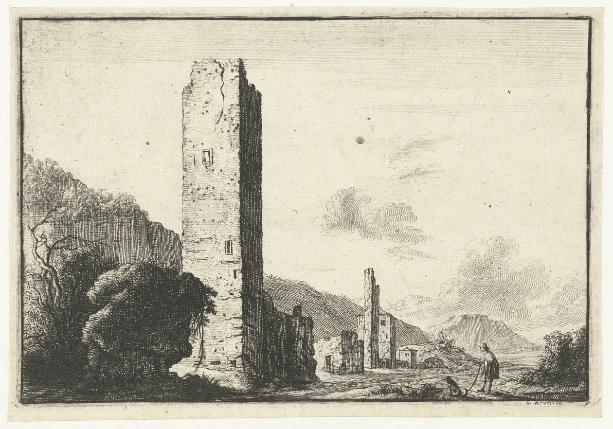 Landschap met vierkante toren door Anonymous