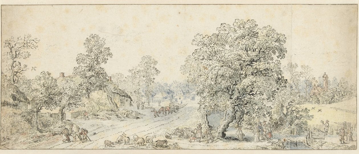 Landschap met wandelaars, een herder en veel andere figuren door Anonymous