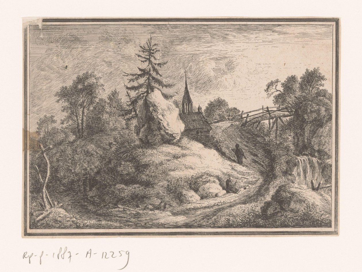 Landschap met waterval en een kerk door Anonymous