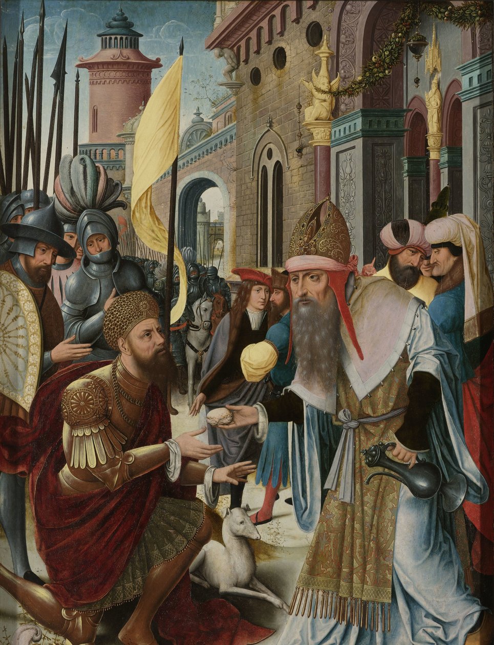 Ontmoeting van Abraham en Melchizedek (binnenkant, linker vleugel van een drieluik) door Anonymous