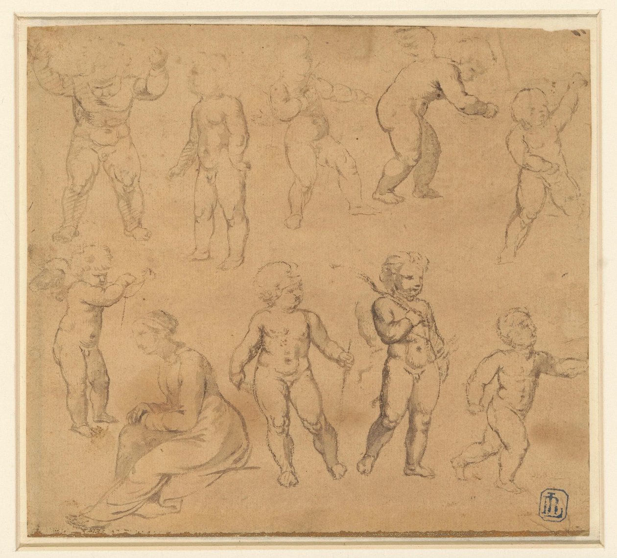 Negen studies van putti en een naar links zittende vrouw door Anonymous
