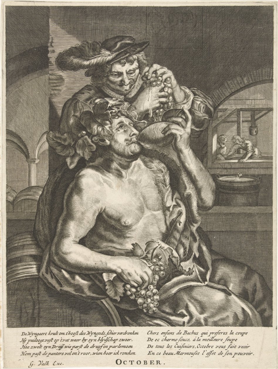 Oktober: Bacchus die wijn drinkt door Anonymous