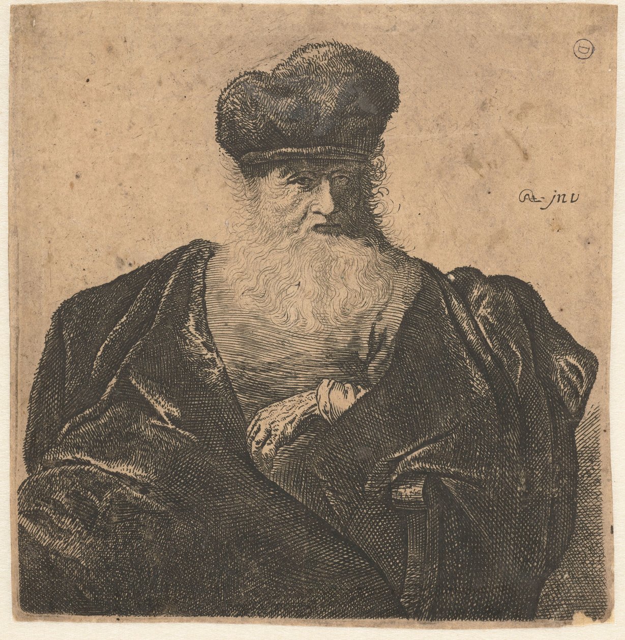 Oude man met baard, bontmuts en fluwelen mantel door Anonymous