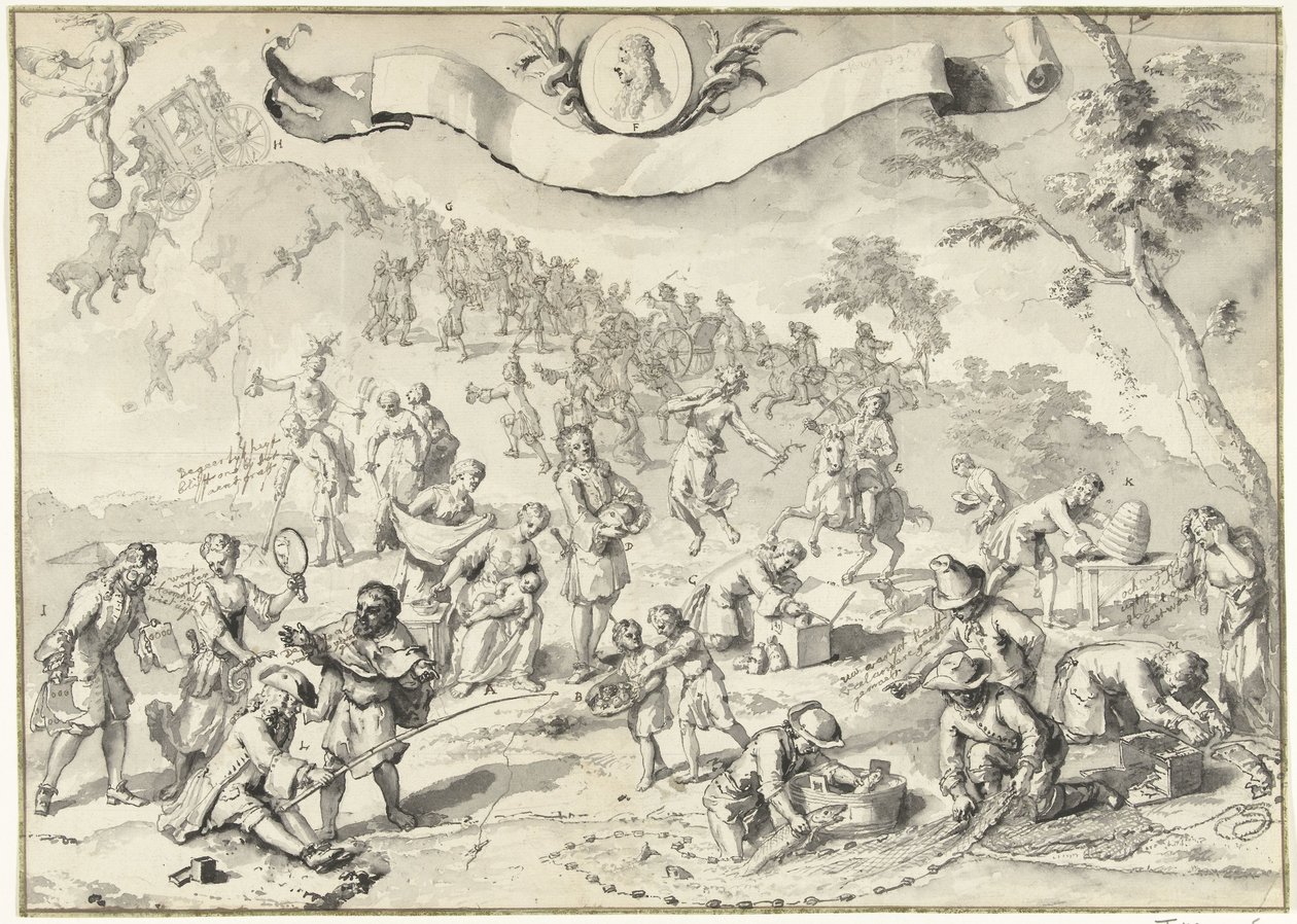 Ontwerptekening voor de prent Hebzucht probeert Fortuna in te halen, 1720 (Het Groote Tafereel der Dwaasheid) door Anonymous
