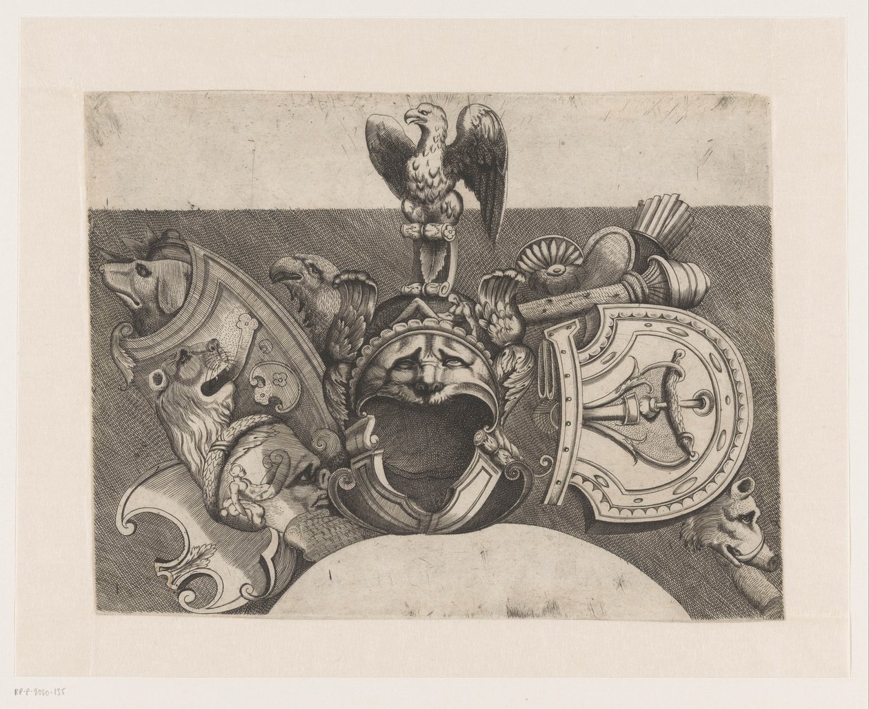 Ornament met helm, schild, arend en leeuw door Anonymous