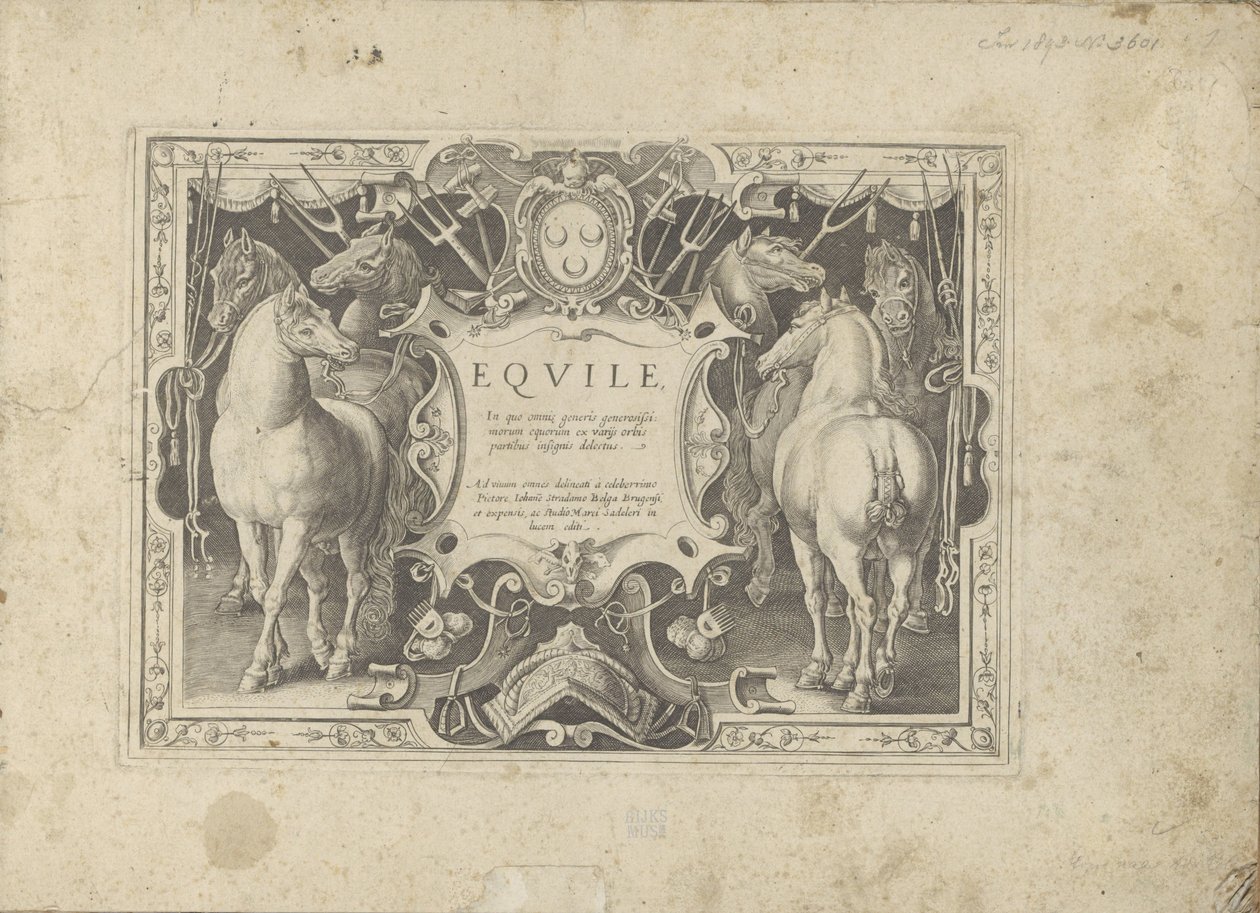 Ornamenteel cartouche met titel geflankeerd door paarden door Anonymous