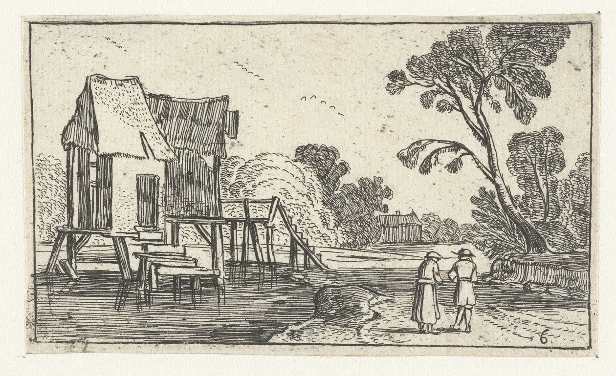 Pad langs een rivier met gebouwen op palen door Anonymous