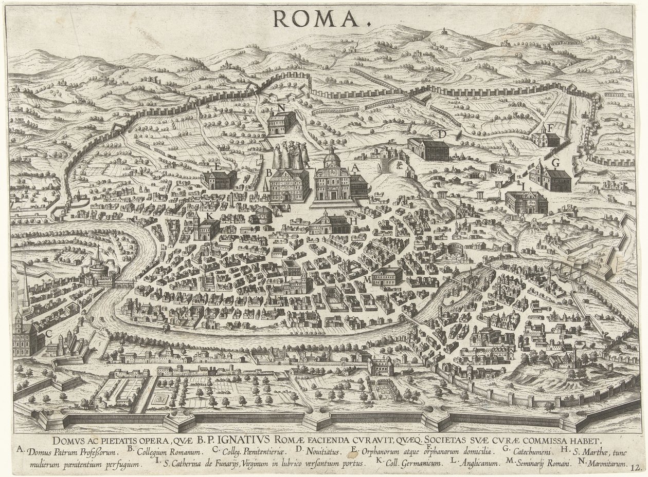 Plattegrond van Rome met de stichtingen van Ignatius van Loyola door Anonymous