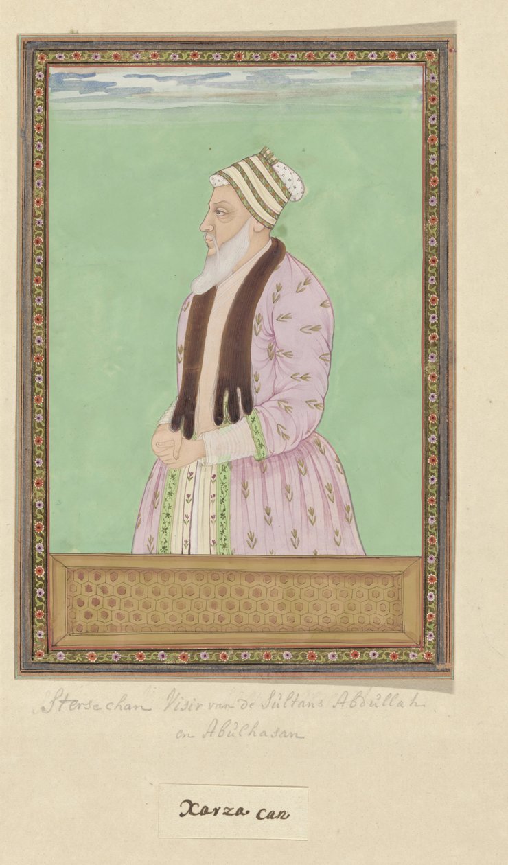 Portret van Sharza Khan, die in de tijd van Sultan Abdullah als vizier heeft gediend en ook vizier is in de tijd van Abul Hasan door Anonymous