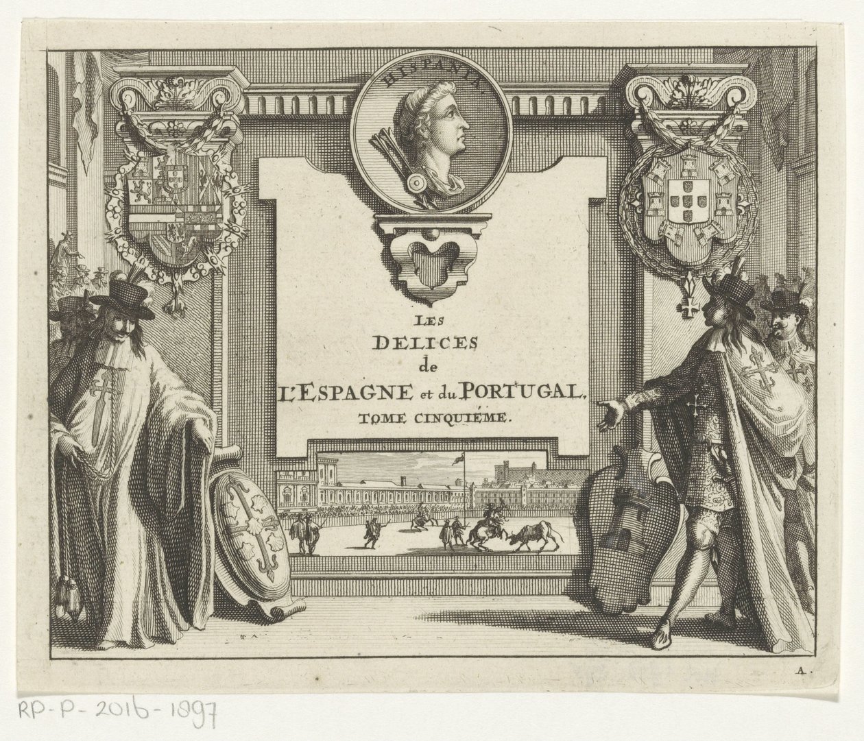 Ridders van Spaanse ordes met wapenschilden (Titelpagina voor: Juan Alvarez de Colmenar, Les Delices de l