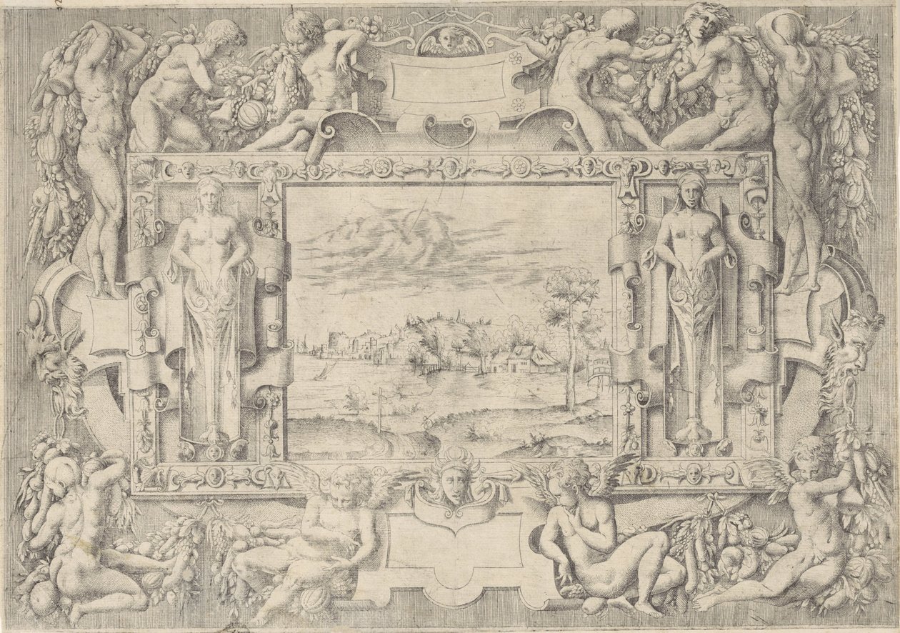 Rivierlandschap in ornamentale omlijsting door Anonymous