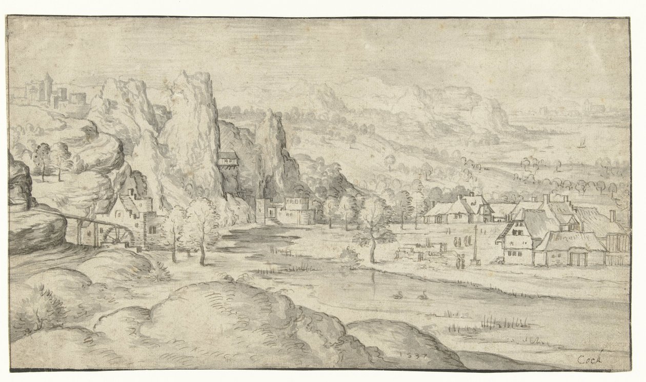 Rivierlandschap met watermolen en steile rotsen door Anonymous