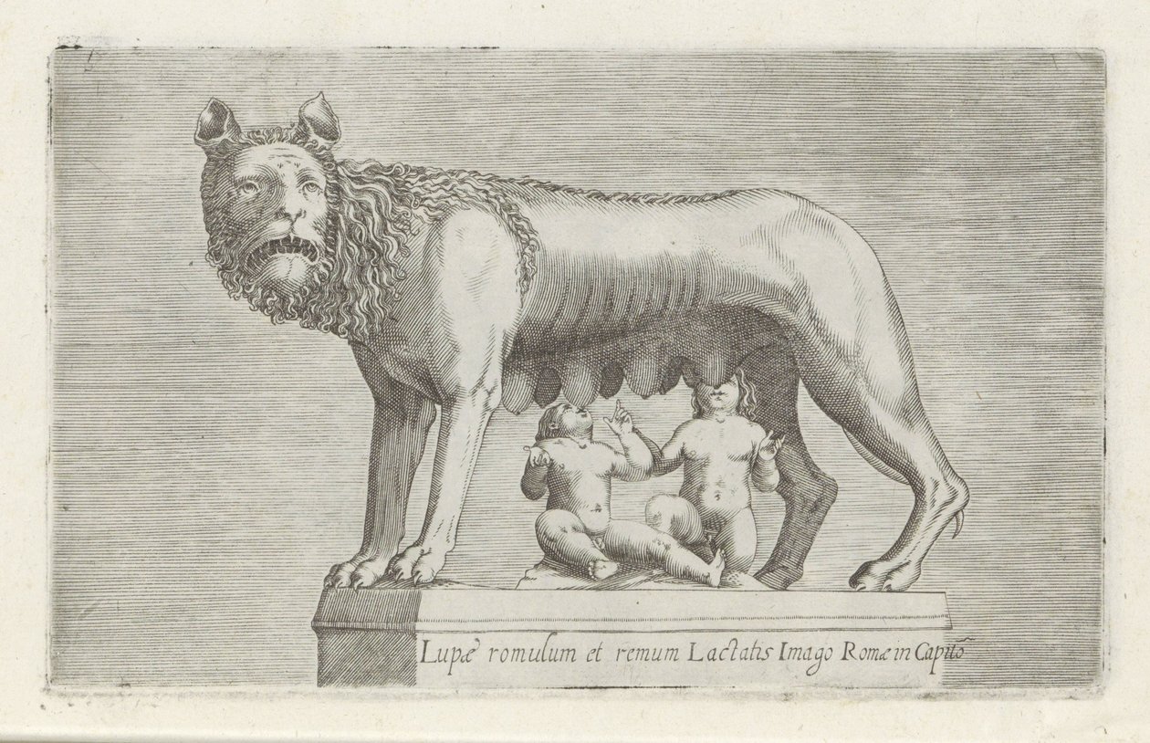 Sculptuur van de Lupa Capitolina die de tweeling Romulus en Remus zoogt door Anonymous