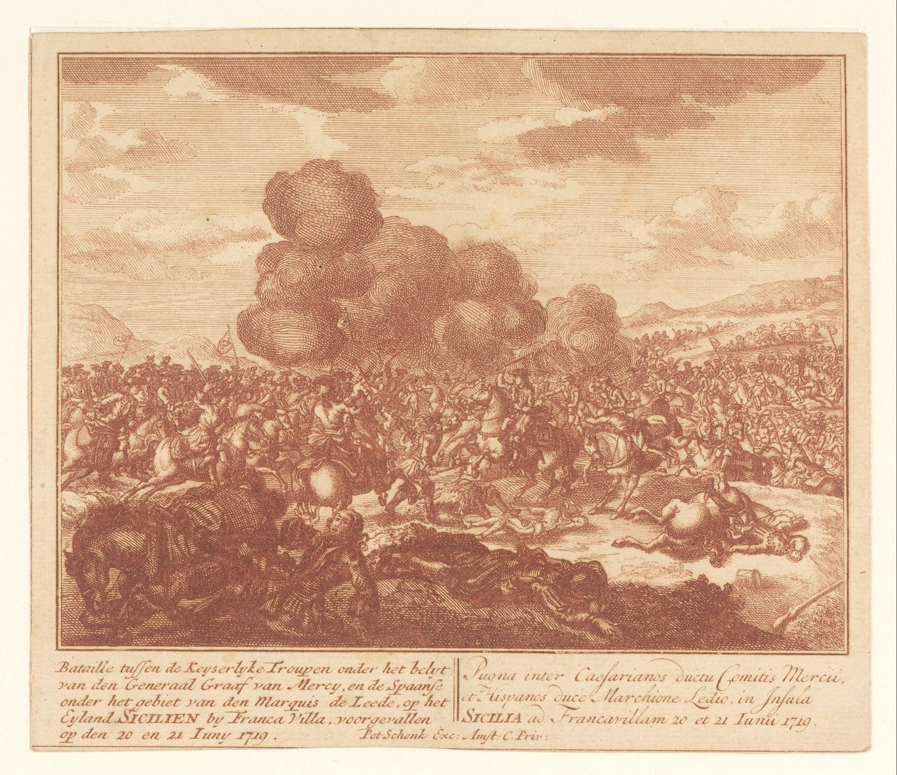 Slag tussen keizerlijke troepen en de Spanjaarden op Sicilië, juni 1719 door Anonymous
