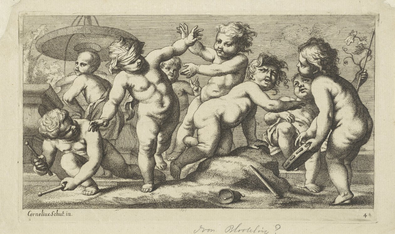 Spelende putti bij een fontein Spelende putti (serie titel) door Anonymous