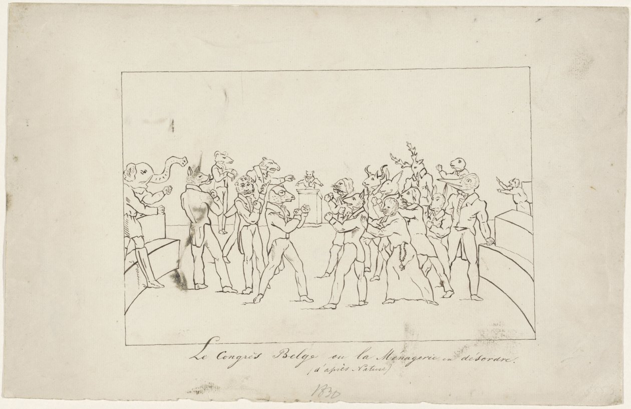Spotprent op de onenigheid in het Belgische Nationale Congres over het verkiezen van een koning, 1831 door Anonymous