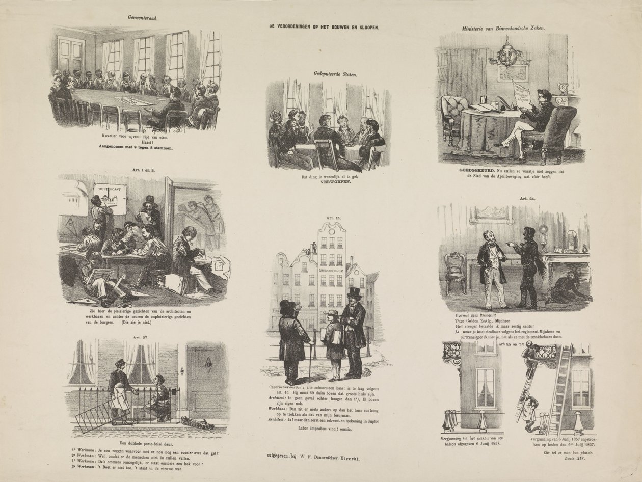 Spotprent op een verordening in Utrecht op het bouwen en slopen, 1857 door Anonymous