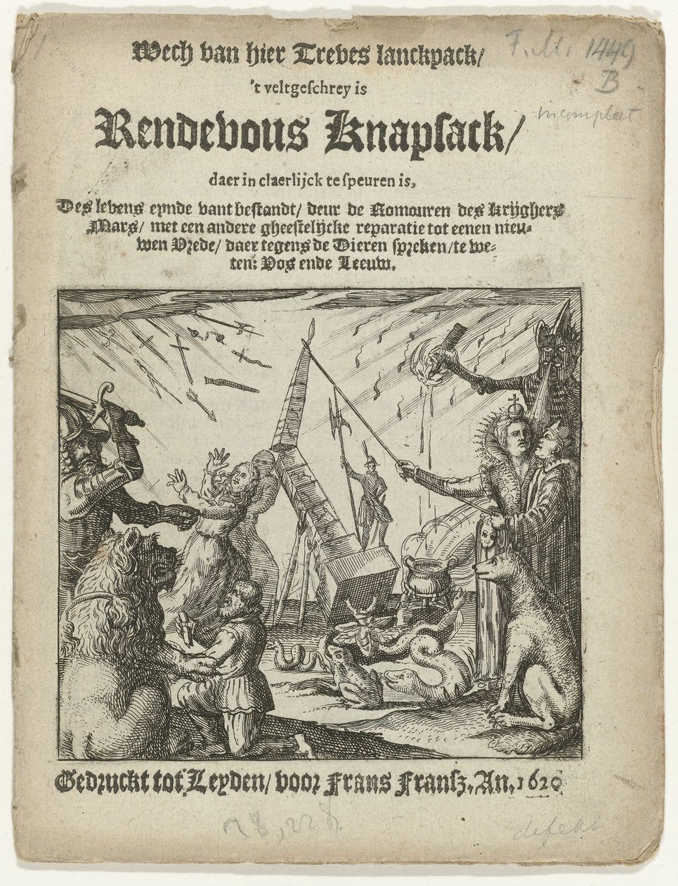 Titelpagina van het pamflet: Rendevous Knapsack, 1620 door Anonymous