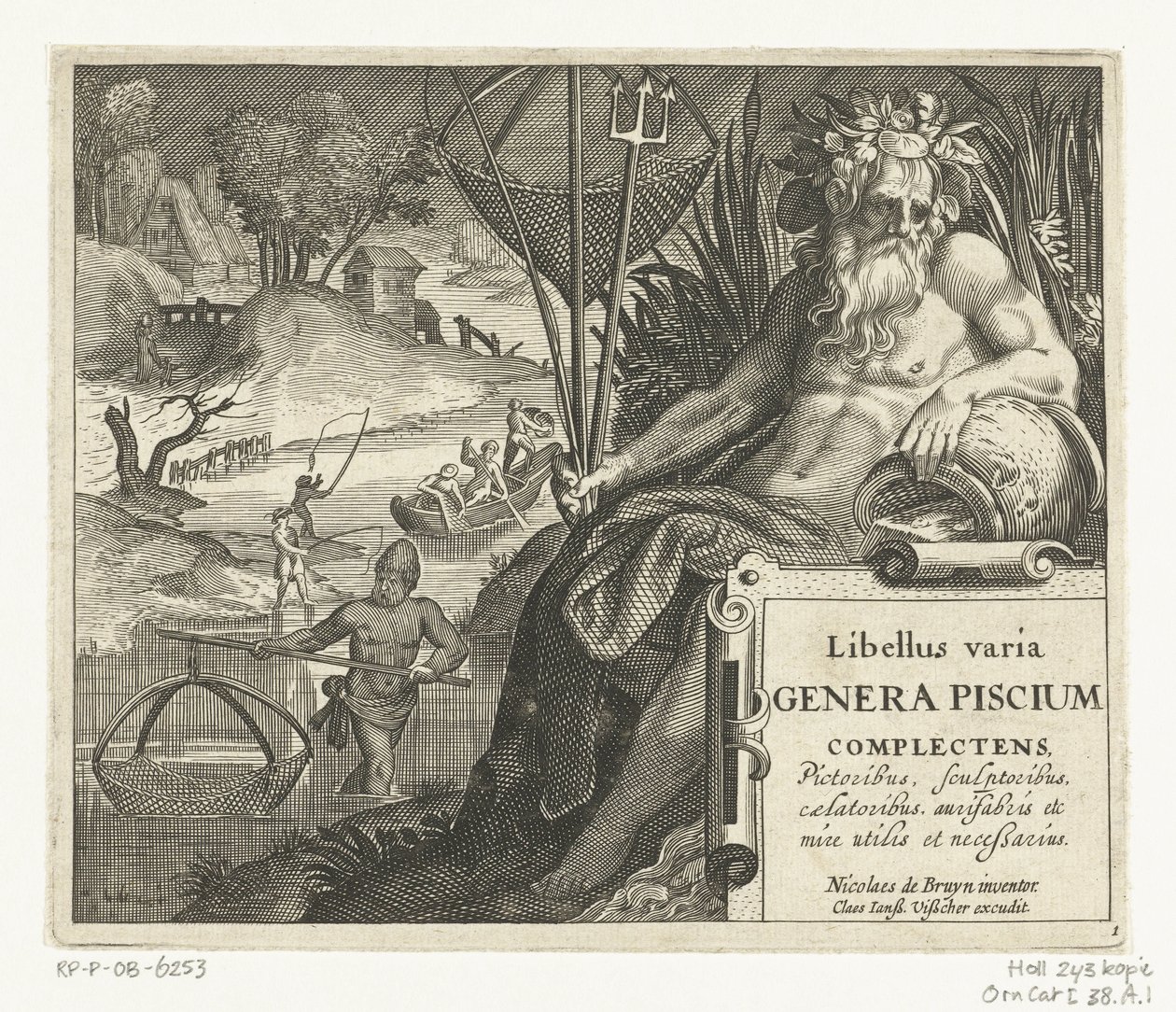 Titelprent met titel en riviergod met drietand en visnet in landschap met vissers door Anonymous