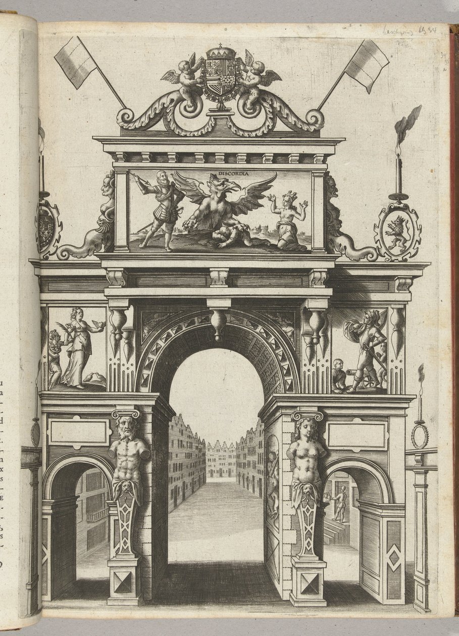 Triomfpoort met Ernst die Belgica redt van Discordia, 1594 door Anonymous