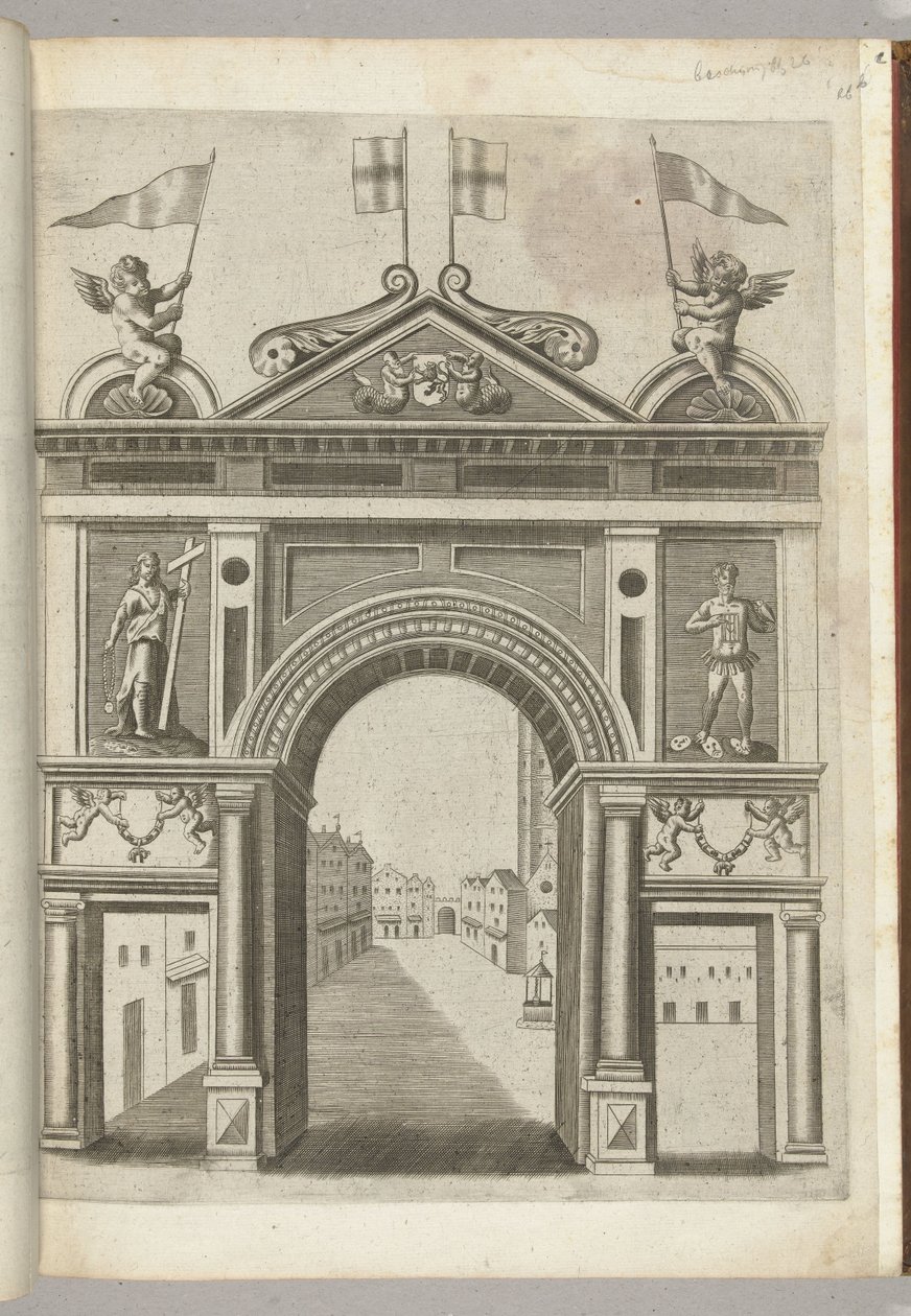 Triomfpoort met allegorische figuren en putti met de ketting van het orde van de Gulden Vlies, 1594 door Anonymous