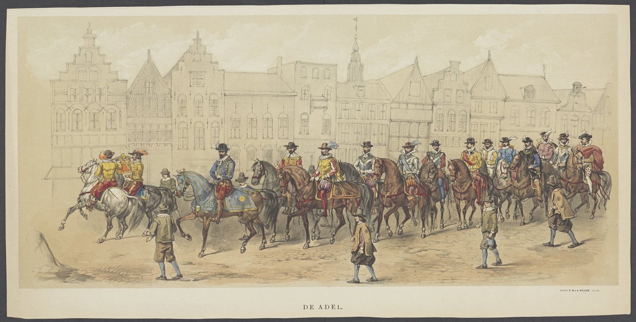 Utrechtse maskerade, plaat a: de adel, 1856 De Adel. De Grondleggers van Neêrlands Vrijheid, (tijd van Willem I) voorgesteld door H.H. leden van het Utrechtsche studenten-corps, ter viering van het 220jarig bestaan der Utrechtsche Hooge door Anonymous