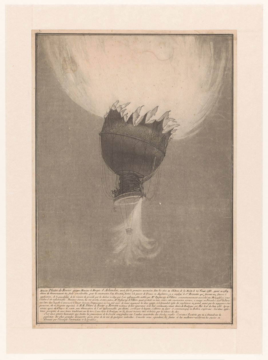 Verongelukken van de luchtballon van Pilatre de Rozier en Romain boven Boulogne, 15 juni 1785 door Anonymous