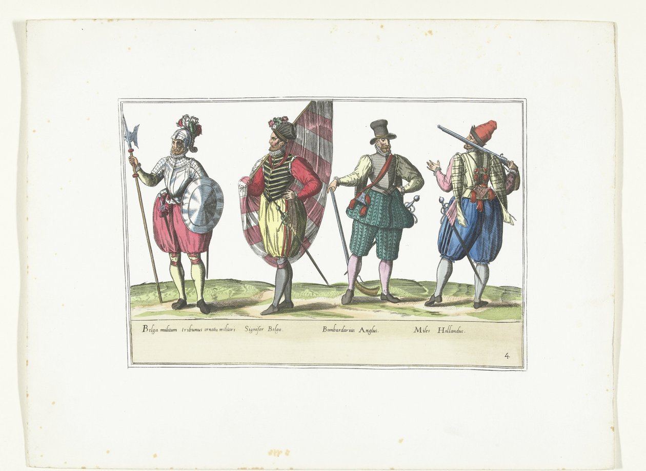 Vier militairen in uniformen volgens de mode in de Nederlanden en Engeland, ca. 1580 door Anonymous