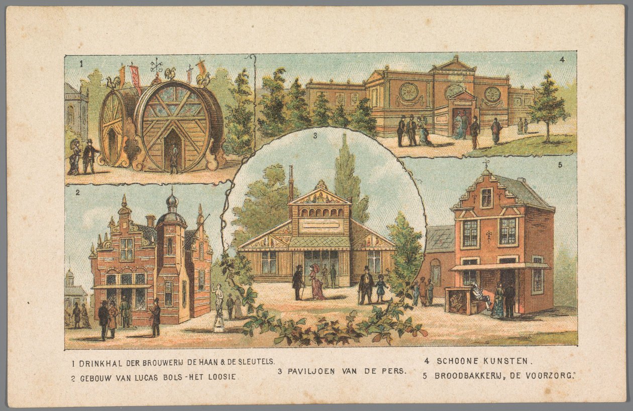Vijf paviljoens op de Wereldtentoonstelling in Amsterdam, 1883 door Anonymous