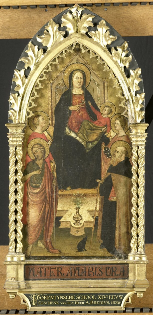 Maagd en kind op de troon met vier heiligen, Johannes de Doper, Antonius Abt, Elisabeth van Hongarije, een vrouwelijke heilige door Anonymous