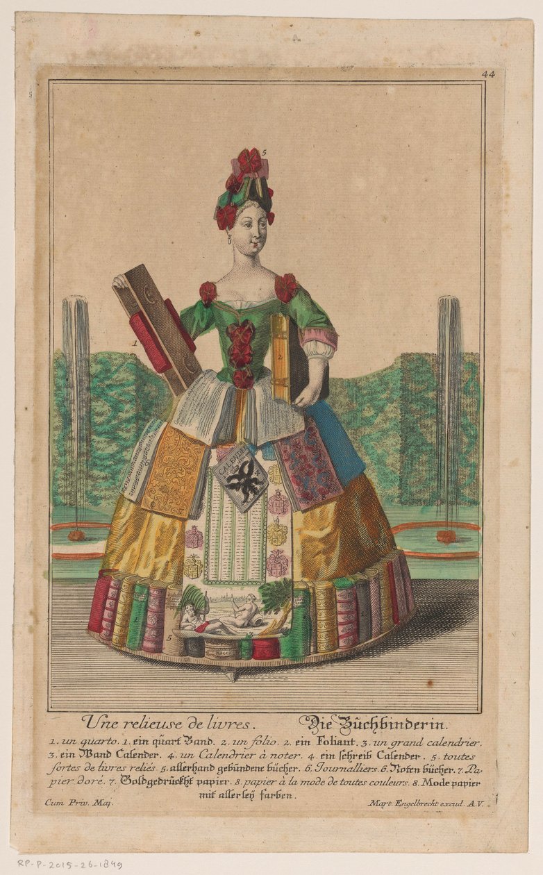 Vrouw met een kostuum van boeken door Anonymous