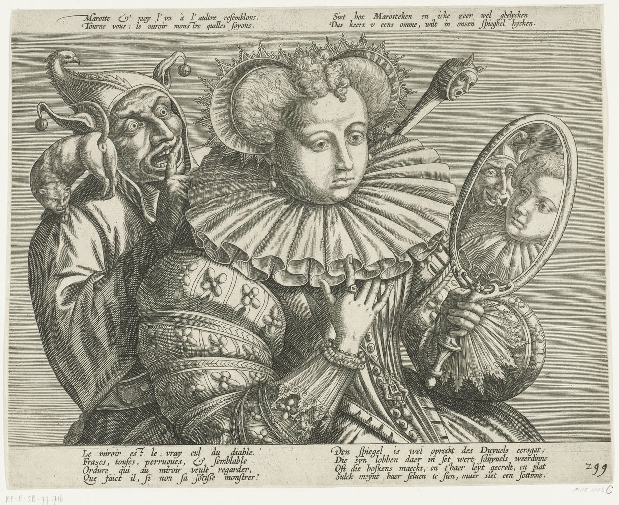 Vrouw met spiegel en nar: spotprent op de kostbare stijve plooikraag, ca. 1600 door Anonymous
