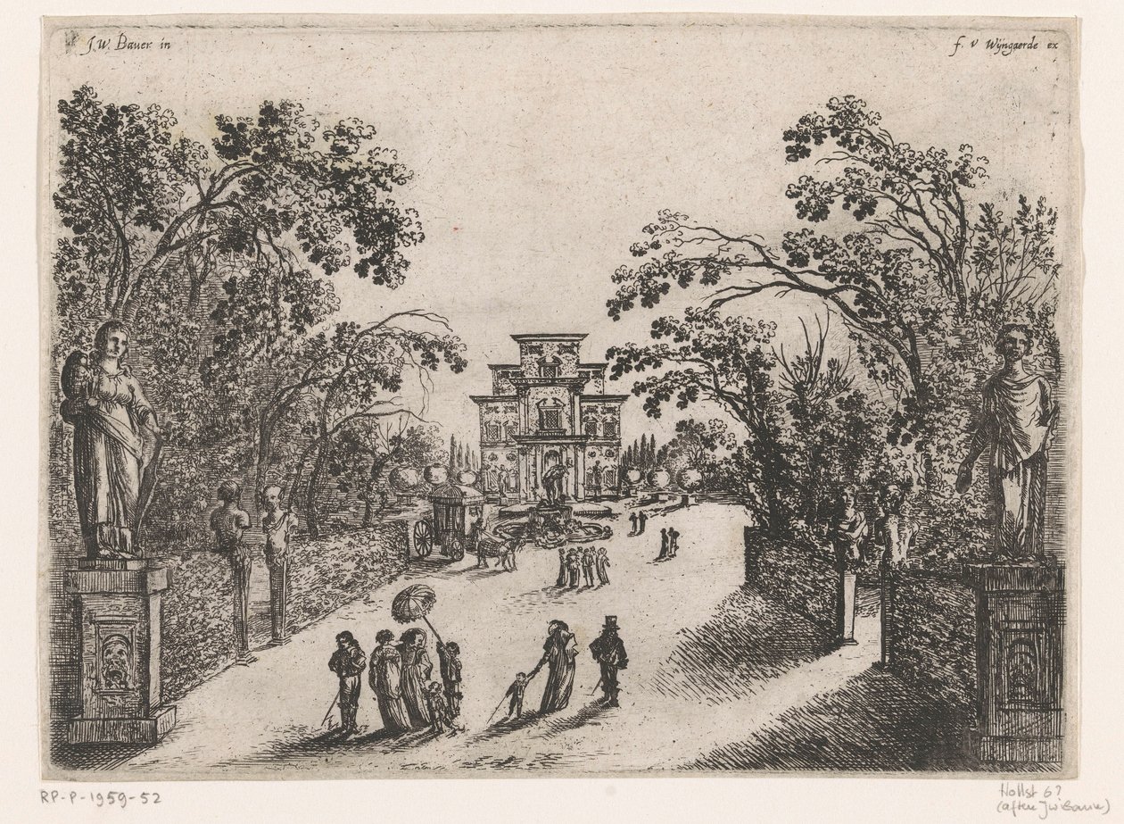 Wandelende mensen in een park, een landhuis in de achtergrond door Anonymous