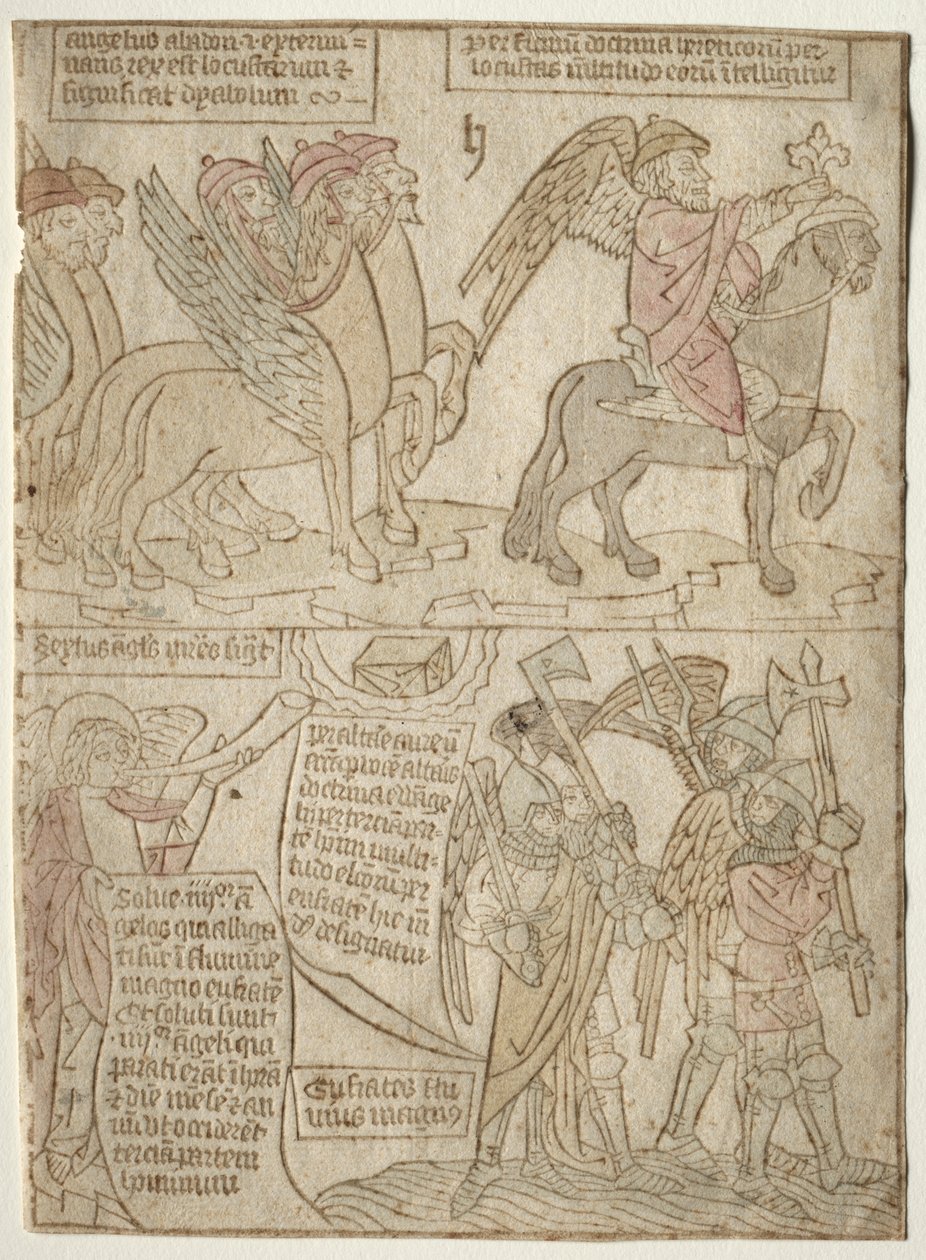 Pagina uit de Apocalyps (De Sprinkhanen met de Engel van de Afgrond en De Zesde Trompet) door Anonymous