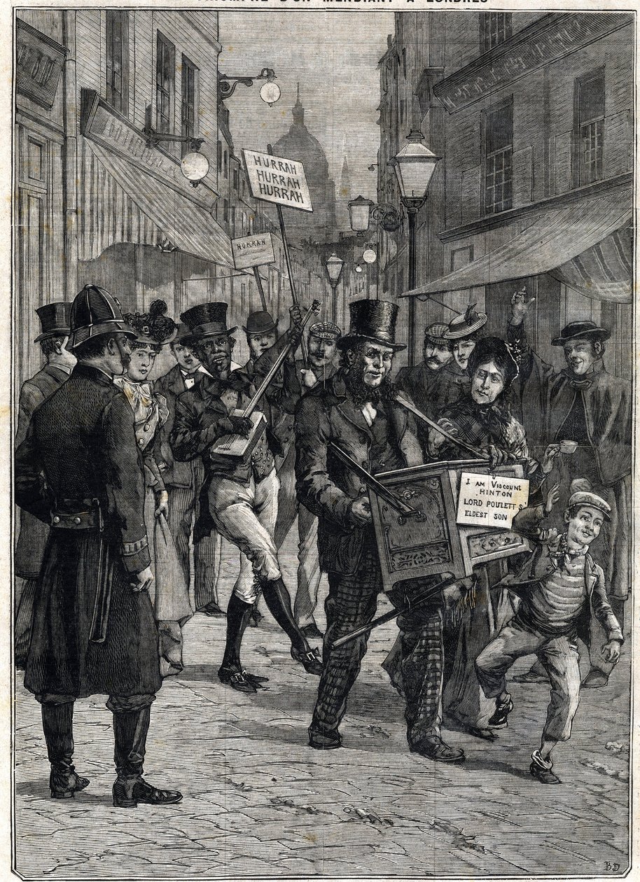 Een bedelaar genaamd Burggraaf Hinton, een barbaarse orgelspeler in de straten van Londen, werd miljonair na de dood van zijn vader Lord Poulett, die hem zijn fortuin naliet. Gravure. In 