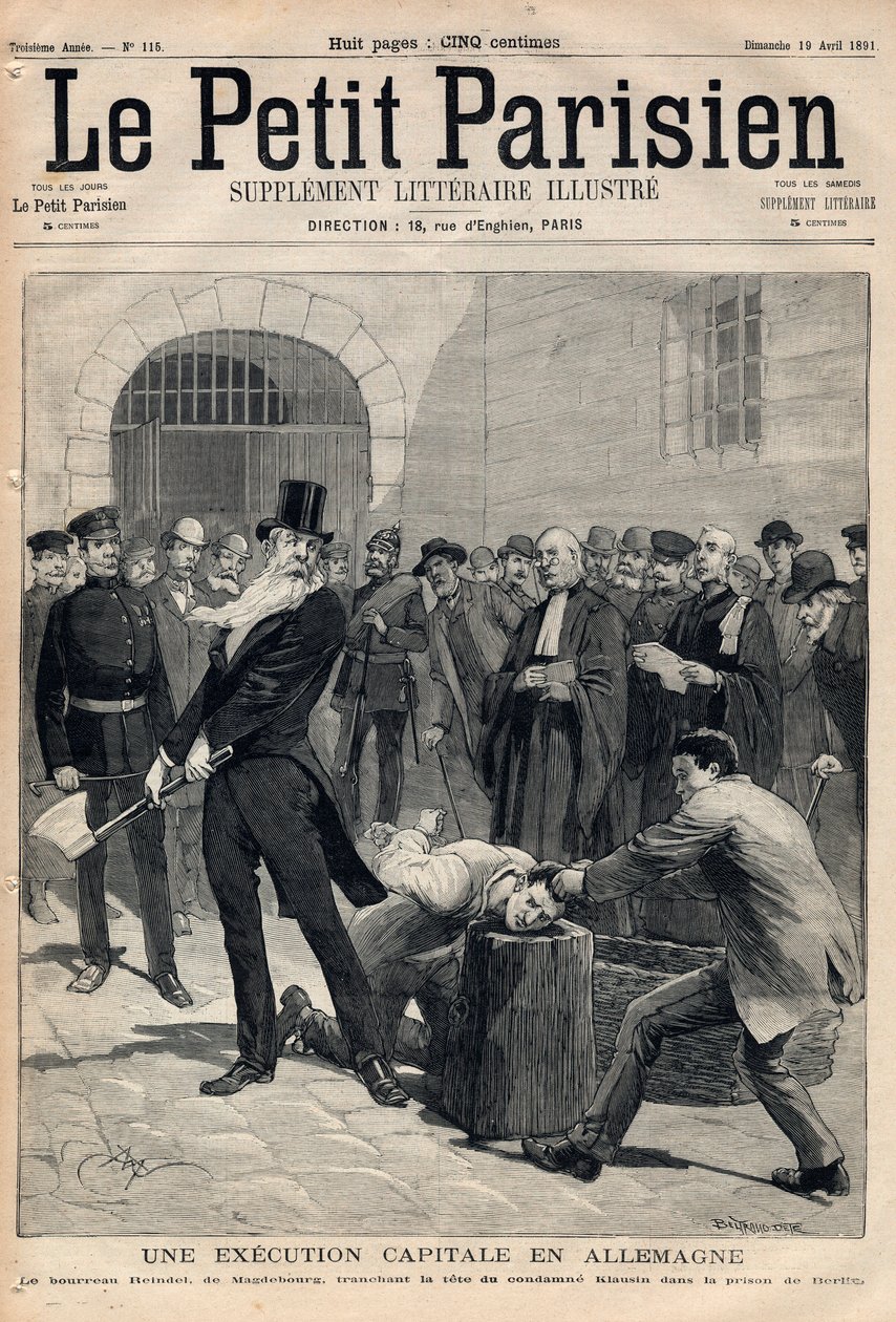 Een executie in Duitsland. Beul Friedrich Reindel uit Maagdenburg, die het hoofd van de veroordeelde Klausin afhakt in de gevangenis van Berlijn. Gravure in 
