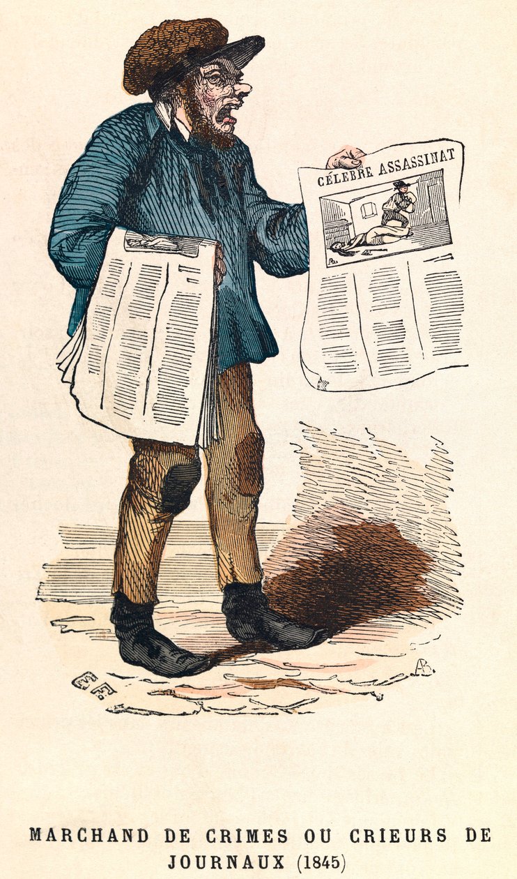 Een krantenverkoper in 1845, gravure, privécollectie door Anonymous Anonymous