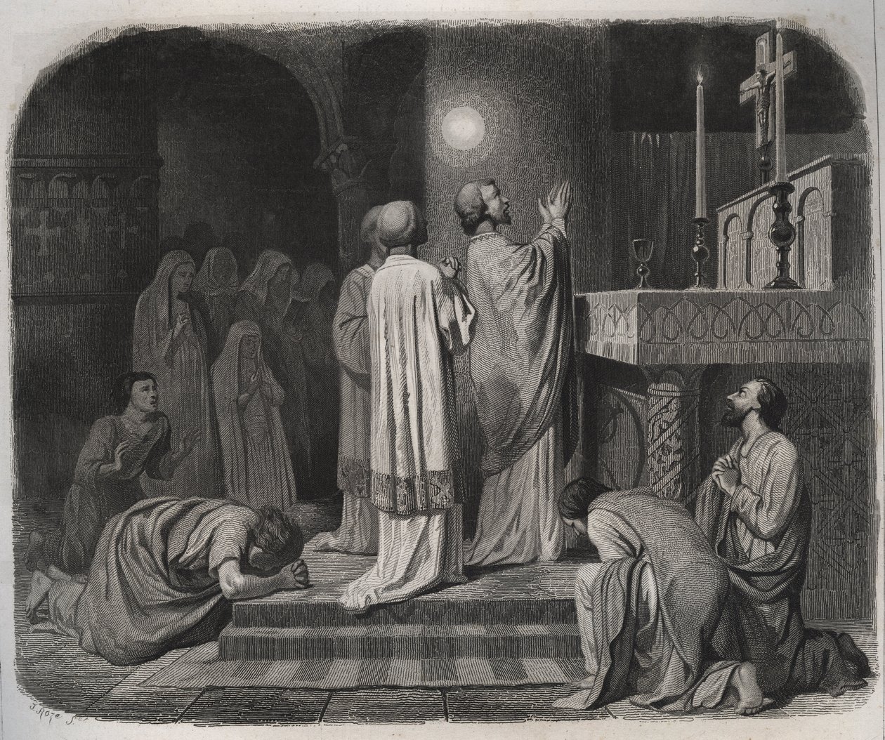 Een vuurbal verschijnt boven Sint Martinus, bisschop van Tours (316-397) terwijl hij werkt. Gravure uit 1846 in 