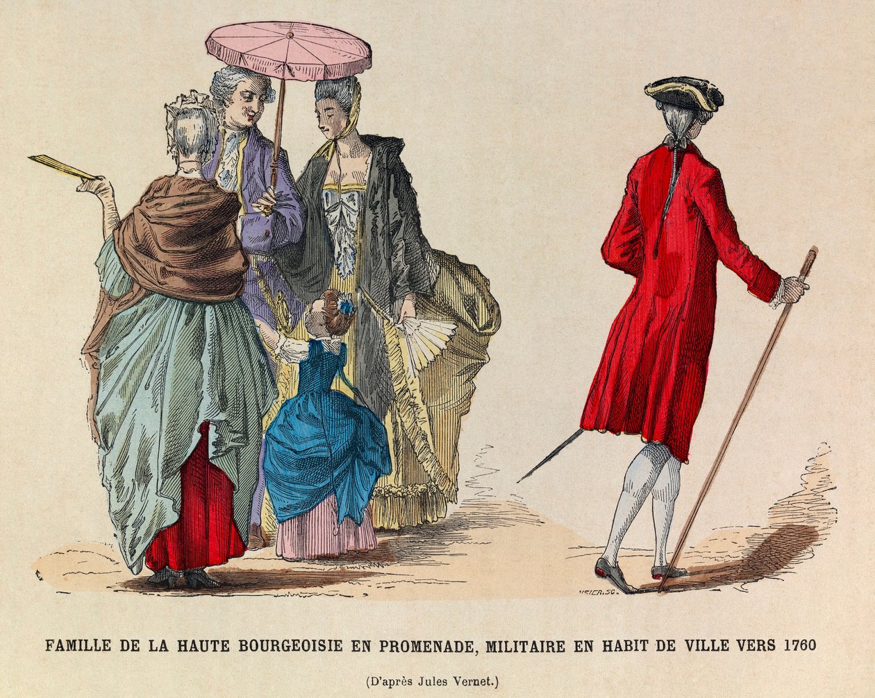 Een familie van de hoge bourgeoisie die wandelt en een soldaat in stadskledij in 1760 (regering van koning Lodewijk XV) - privécollectie door Anonymous Anonymous