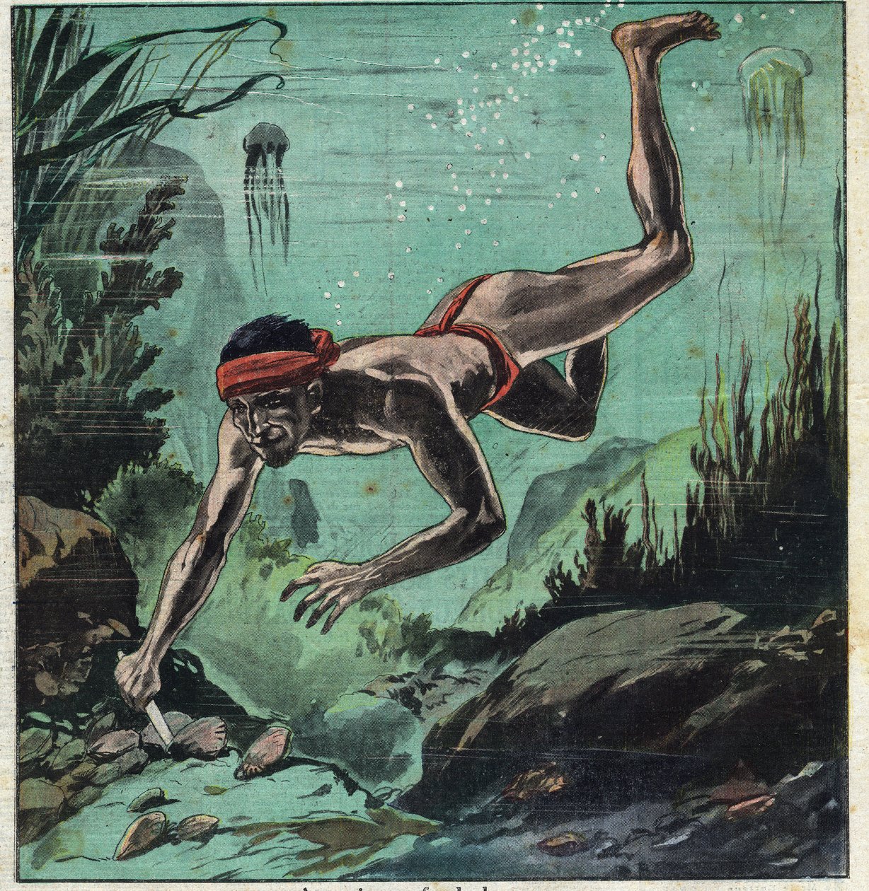 Een parelzoeker riskeert zijn leven in de tropische zeeën van Ceylon en Polynesië om elegante dames van kettingen en sieraden te voorzien. Illustratie uit 