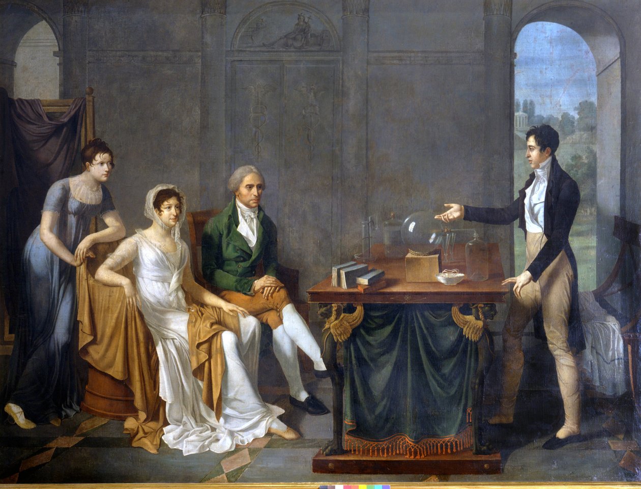 Een wetenschapper (waarschijnlijk Alessandro (Alexandre) Volta) die een wetenschappelijk experiment uitvoert voor de familie Melzi Deril. Anoniem schilderij. door Anonymous Anonymous