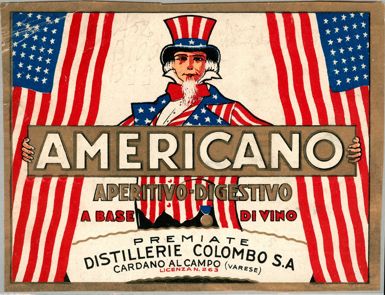 Advertentie voor Italiaanse short drink Americano, met allegorische personificatie van Amerika Uncle Sam door Anonymous Anonymous