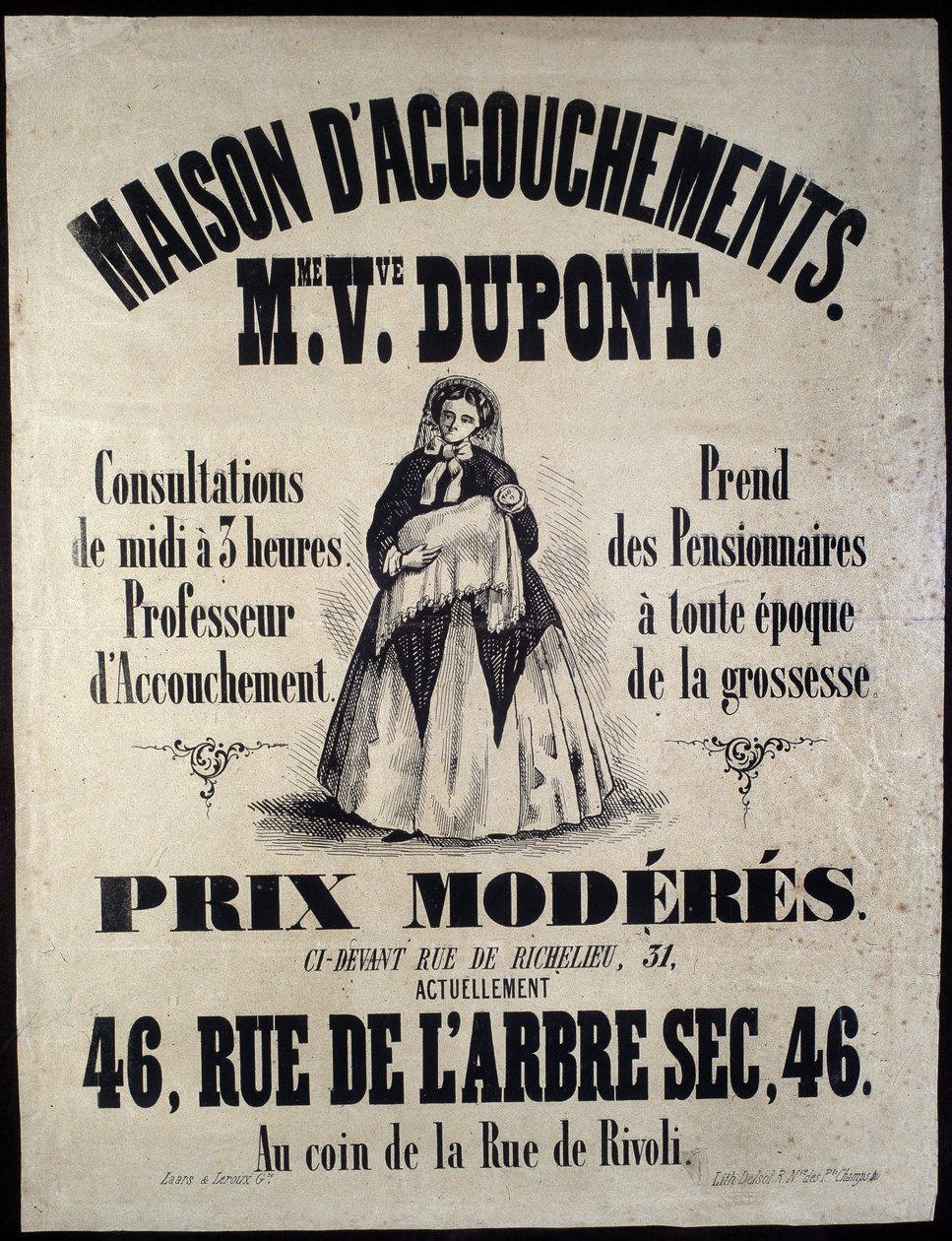 Reclame voor een kraamkliniek (materniteit) in Parijs in 1850. Madame Dupont, lage prijzen op 46 rue de l