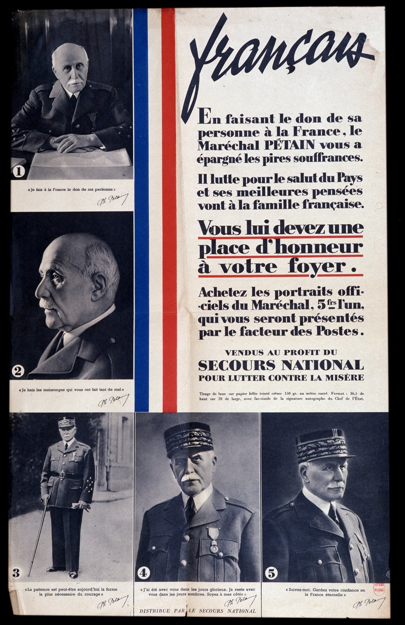 Reclameposter voor de verkoop van portretten van maarschalk Philippe Petain tijdens de Tweede Wereldoorlog en lofprijzing van Petain (verkocht ten behoeve van nationale hulp om armoede te bestrijden) door Anonymous Anonymous