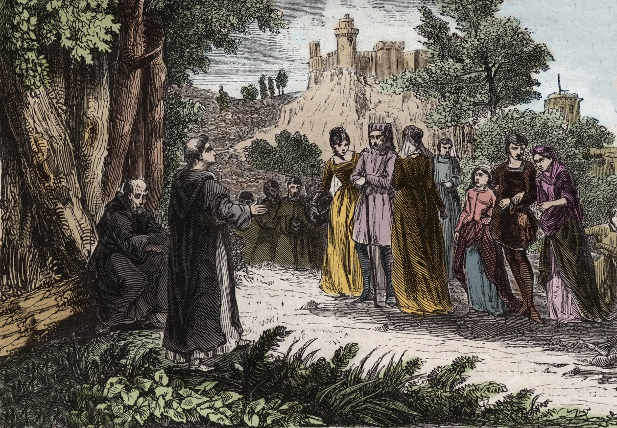 Albigenzische ketterij - St. Dominicus predikt tot de Albigenzen - gravure uit 1846 in Lives of the Saints. Privécollectie door Anonymous Anonymous