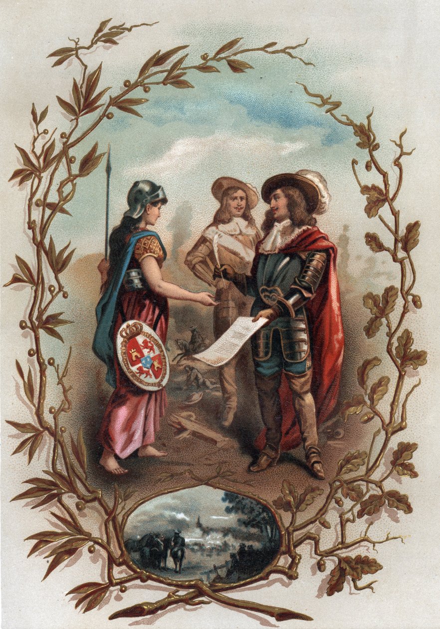 Allegorie met betrekking tot het Verdrag van Aken. Ondertekend op 2 mei 1668 tussen Frankrijk en Spanje, beëindigde het de Devolutieoorlog en gaf Vlaanderen aan Frankrijk. Chromolithografie in “Turenne; sa vie, les institutions militaires de son temps” (18 door Anonymous Anonymous