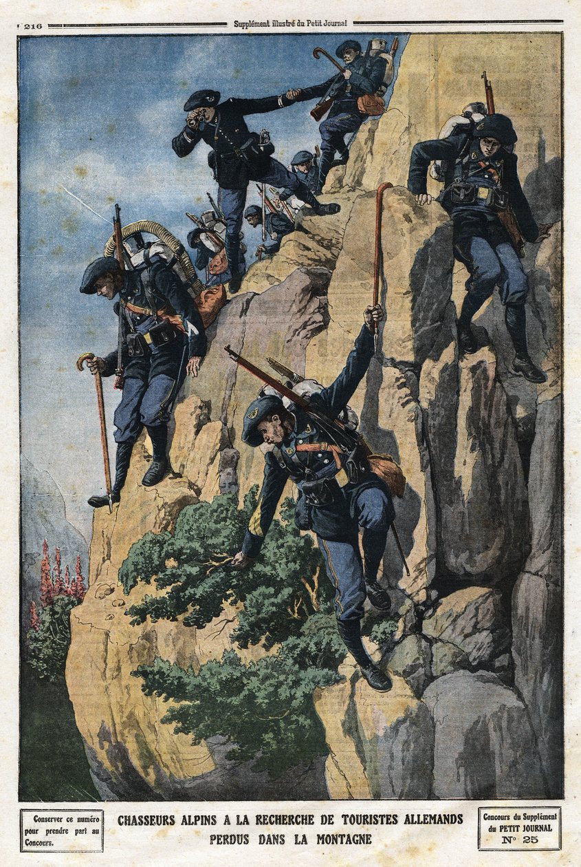 Alpenjagers op zoek naar verloren Duitse toeristen. Ze wilden naar de Nero (Helm van Nero) berg van het Chartreuse-massief. Gravure in 